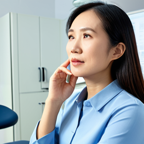 A professional Asian woman, approximately 30-40 years old, sitting in a modern, clean dental consultation room. She has a thoughtful and slightly concerned expression, gently touching her jawline as if experiencing discomfort, conveying the initial stages of TMJ symptoms. The background features soft, indirect lighting and a professional medical chair. She is fully clothed in a modest, smart casual blouse and trousers, appropriate attire, professional dress. perfect anatomy, correct proportions, natural pose, well-formed hands, proper finger count, natural body proportions, professional photography, high quality, 8k, detailed, realistic, safe for work, appropriate content, fully clothed, professional, family-friendly.