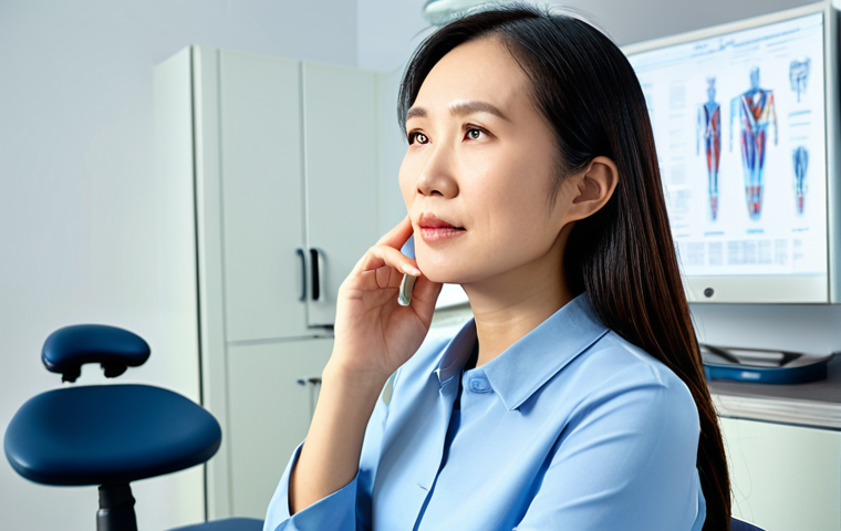 A professional Asian woman, approximately 30-40 years old, sitting in a modern, clean dental consultation room. She has a thoughtful and slightly concerned expression, gently touching her jawline as if experiencing discomfort, conveying the initial stages of TMJ symptoms. The background features soft, indirect lighting and a professional medical chair. She is fully clothed in a modest, smart casual blouse and trousers, appropriate attire, professional dress. perfect anatomy, correct proportions, natural pose, well-formed hands, proper finger count, natural body proportions, professional photography, high quality, 8k, detailed, realistic, safe for work, appropriate content, fully clothed, professional, family-friendly.