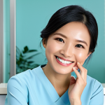 A professional Malaysian woman, mid-30s, with a radiant, natural, and confident smile, gently touching her cheek. She is seated comfortably in a brightly lit, modern dental clinic reception area. She is wearing a modest, professional baju kurung or a smart blouse, fully clothed. The background is clean and inviting, showcasing a contemporary clinic design with soft, natural light filtering in. The image emphasizes the aesthetic success of modern dental care and the patient's enhanced self-assurance. perfect anatomy, correct proportions, natural pose, well-formed hands, proper finger count, natural body proportions, professional photography, high quality, safe for work, appropriate content, fully clothed, professional, modest.