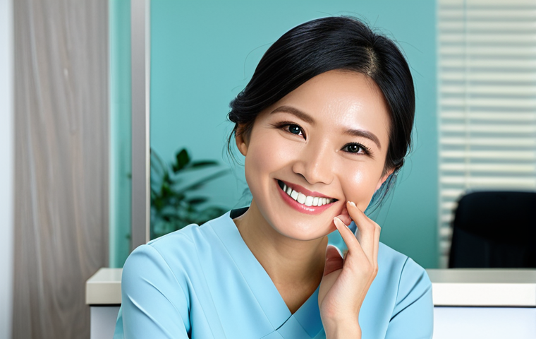 A professional Malaysian woman, mid-30s, with a radiant, natural, and confident smile, gently touching her cheek. She is seated comfortably in a brightly lit, modern dental clinic reception area. She is wearing a modest, professional baju kurung or a smart blouse, fully clothed. The background is clean and inviting, showcasing a contemporary clinic design with soft, natural light filtering in. The image emphasizes the aesthetic success of modern dental care and the patient's enhanced self-assurance. perfect anatomy, correct proportions, natural pose, well-formed hands, proper finger count, natural body proportions, professional photography, high quality, safe for work, appropriate content, fully clothed, professional, modest.
